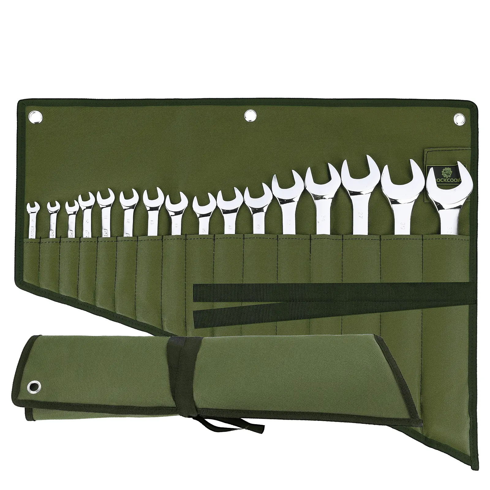 Wrench Roll Organizer 16 Pockets, Wrench Pouch Roll Up with Oxford Cloth, Tool Roll Bag for Wrenches Organization, Green