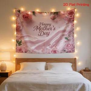 2D Flat - 2D Flat - High Definition Digital Print Tapestry+ Pink Roses, Lace Border, Satin Background, Happy Mothers Day Message+Holiday Gift, Home Decor, Party Backdrop, Landscape Wall Art, Nature-Inspired Design