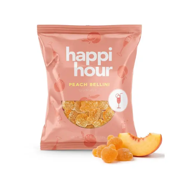 Happi Hour Peach Bellini Gummies, 4.5 oz Pack, Alcohol Free Vegan Candy | Cocktail Inspired Gummy Candy with Juicy Peach & Light Citrus Flavor, Vegan, Non-GMO Ingredients, Ideal for Parties & Gifting
