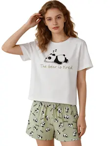 Two-Piece Panda Print Women's Pajama Set, Short Sleeve and Shorts, Casual Comfortable Home Wear, Loose-Fitting, All Seasons