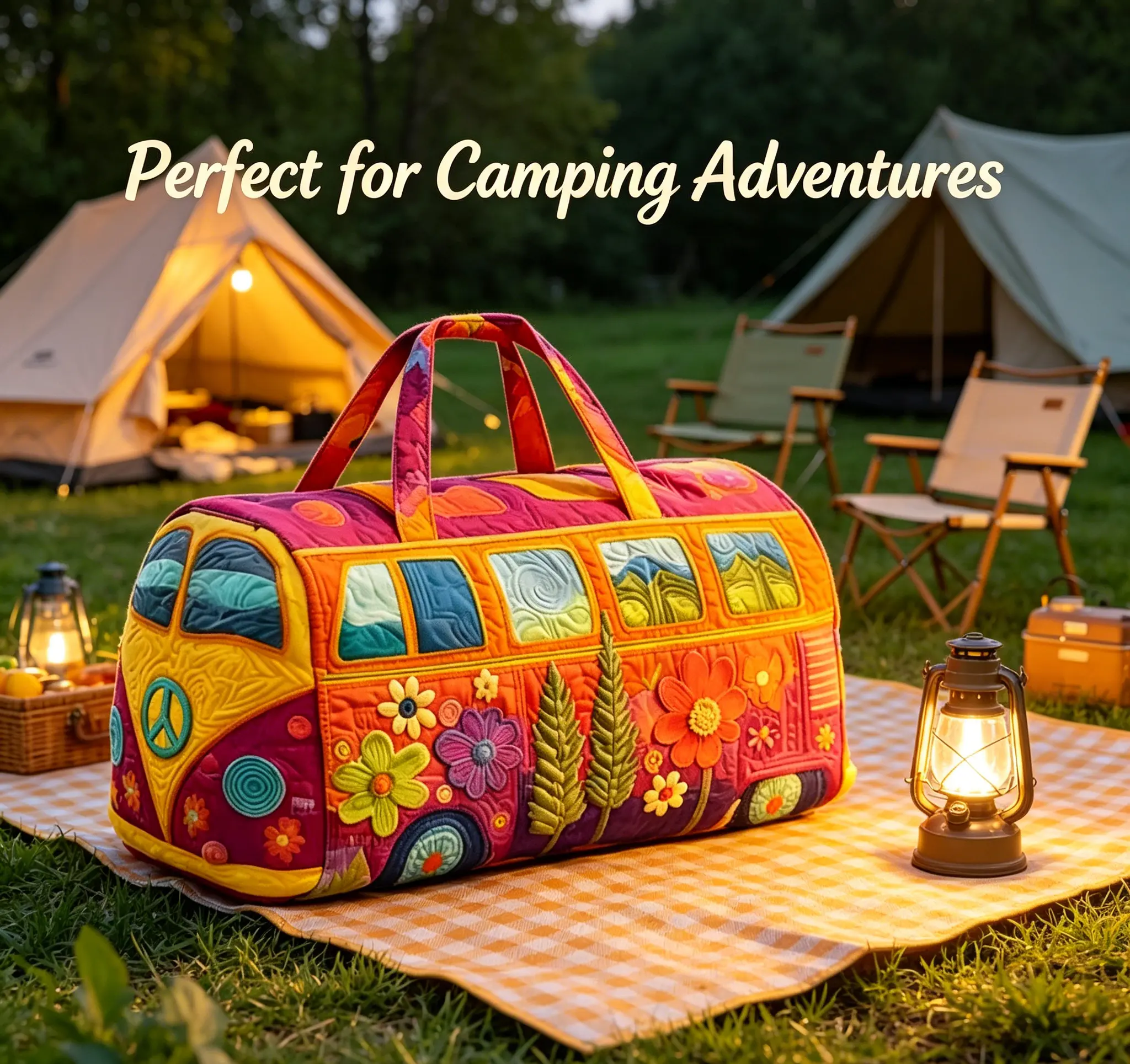 Boho Quilted Colorful Hippie Duffle Bag - Cute Camper Van Large Capacity Carryall, Retro Flower Power Storage Bag for Camping, Home Organization Multifunctional sports event bags