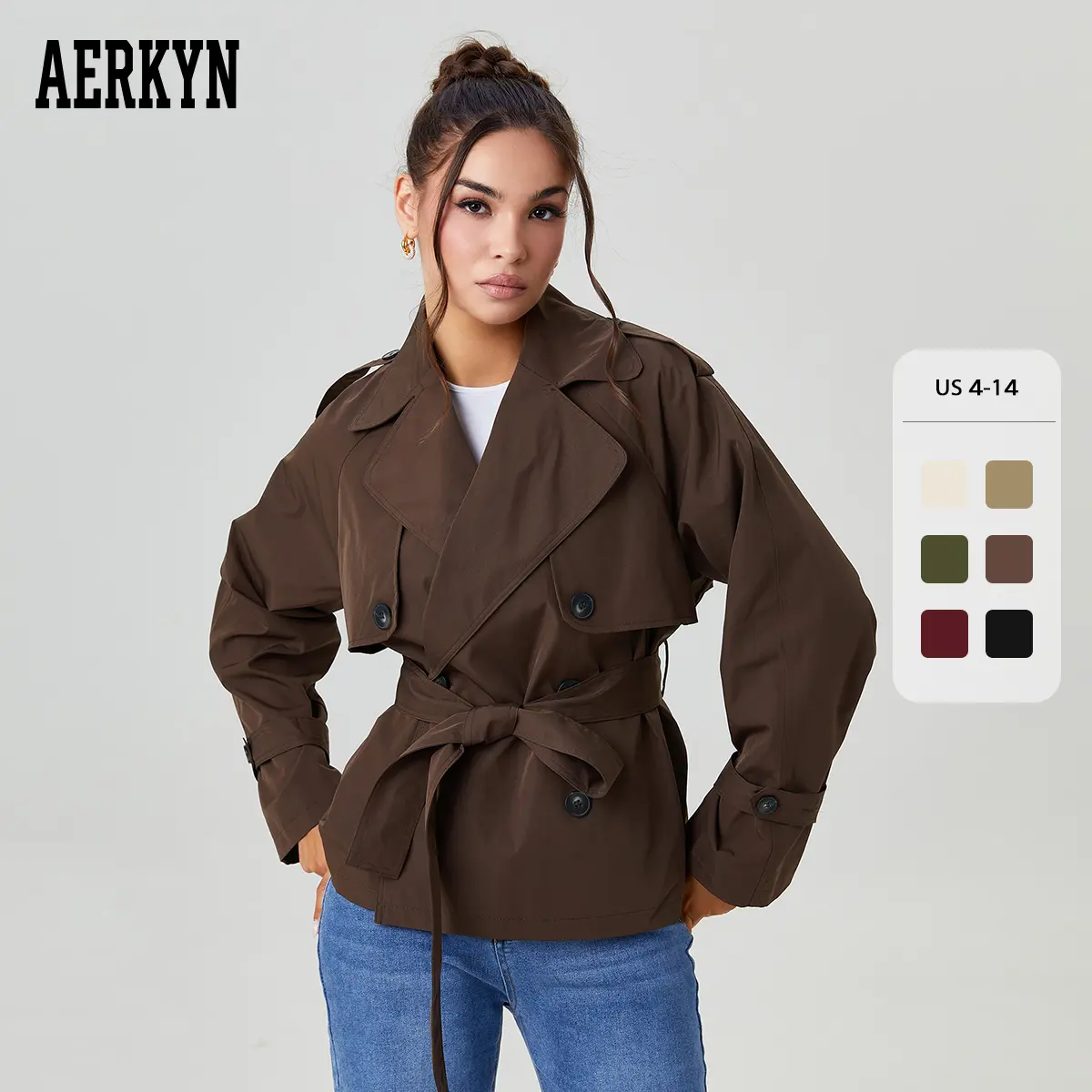 Women's Classy Notch Lapel Double Breasted Detachable Belt Trench Coat, Fall & Winter Wrap Tie Waist Outerwear Jacket, Minimalist Trench Coat (US)