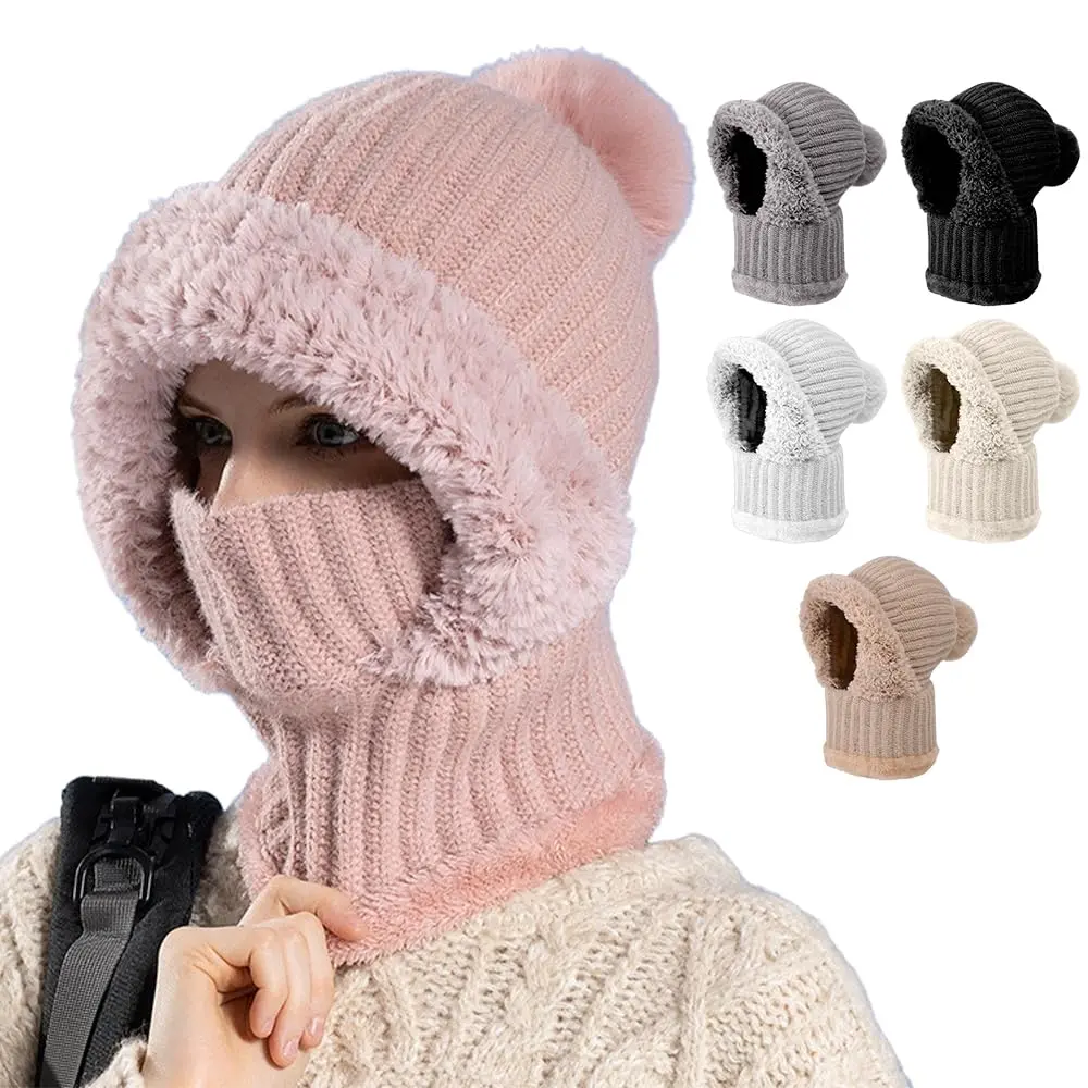 Womens Knit Beanie Hat Fleece Lined Winter Scarf Mask Set Snow Caps Plush Earmuff Skull Hats with Pompom
