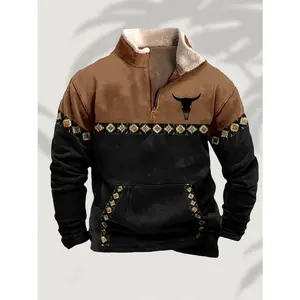 Men's Beige Long Sleeve Golf Shirt with Geometric Bull Head Print - Casual Weekend Style, Regular Fit, Knit Polyester Fabric, Machine Washable - Ideal for Spring/Autumn, Spring Casual Shirt|Bull Head Design|Machine Washable Top Cotton Fashion