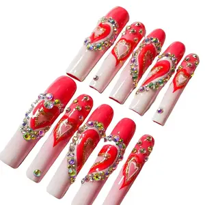 Jmnails Long Square 2.1 Inches 10Pcs Handmade High Quality Acrylic Press On Nails Art Beautiful Nails Party Luxury Fashion Comfortable and Reusable Nails with Rhinestone Glue