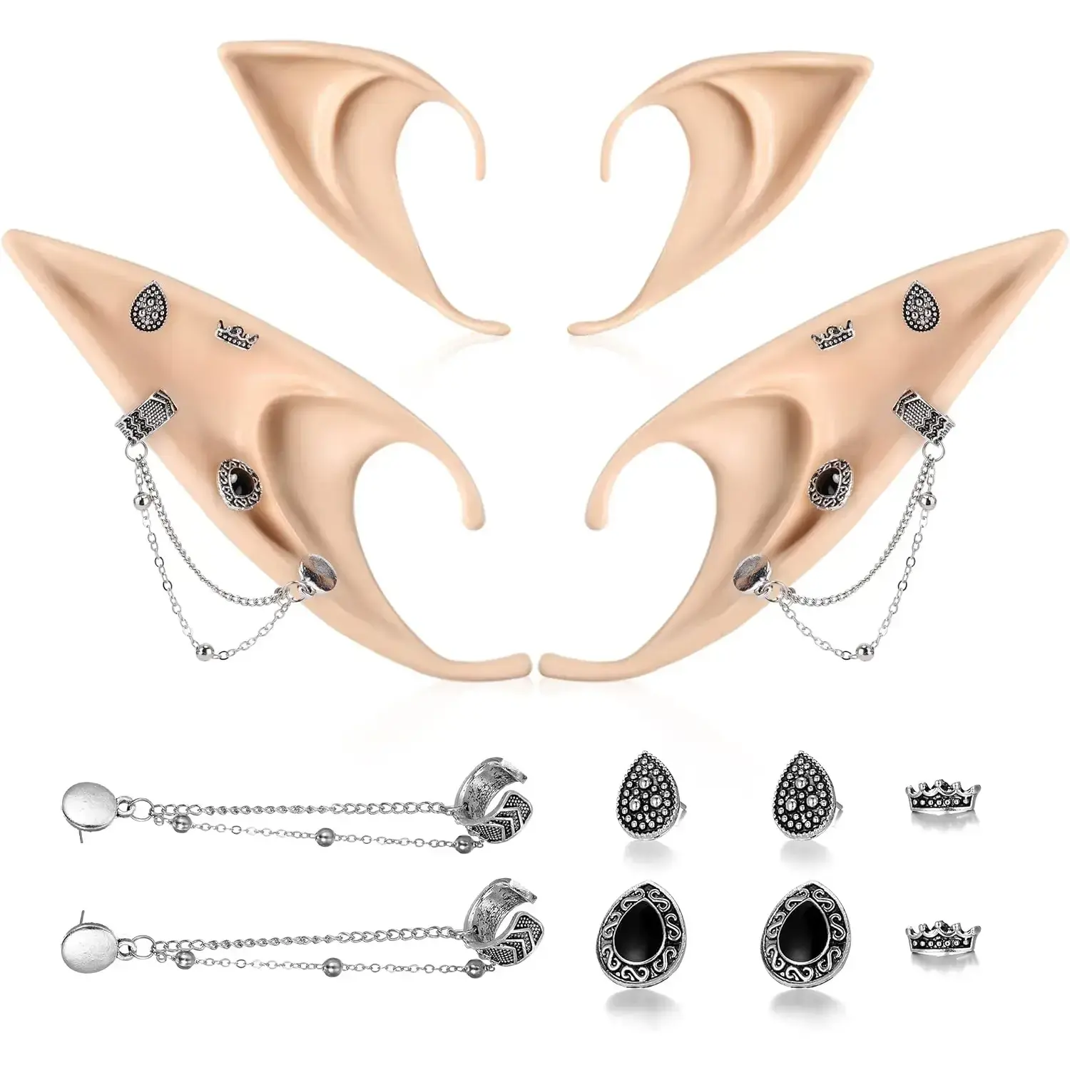 Vintage Elf Ears with Silver Earrings Set, 2 Pairs of Comfortable Silicone Ears and Non-Piercing Moon Cuffs for Teenagers Holiday Costume Jewelry, Renaissance, Club Parties, Durable, Fairy Elf Ears
