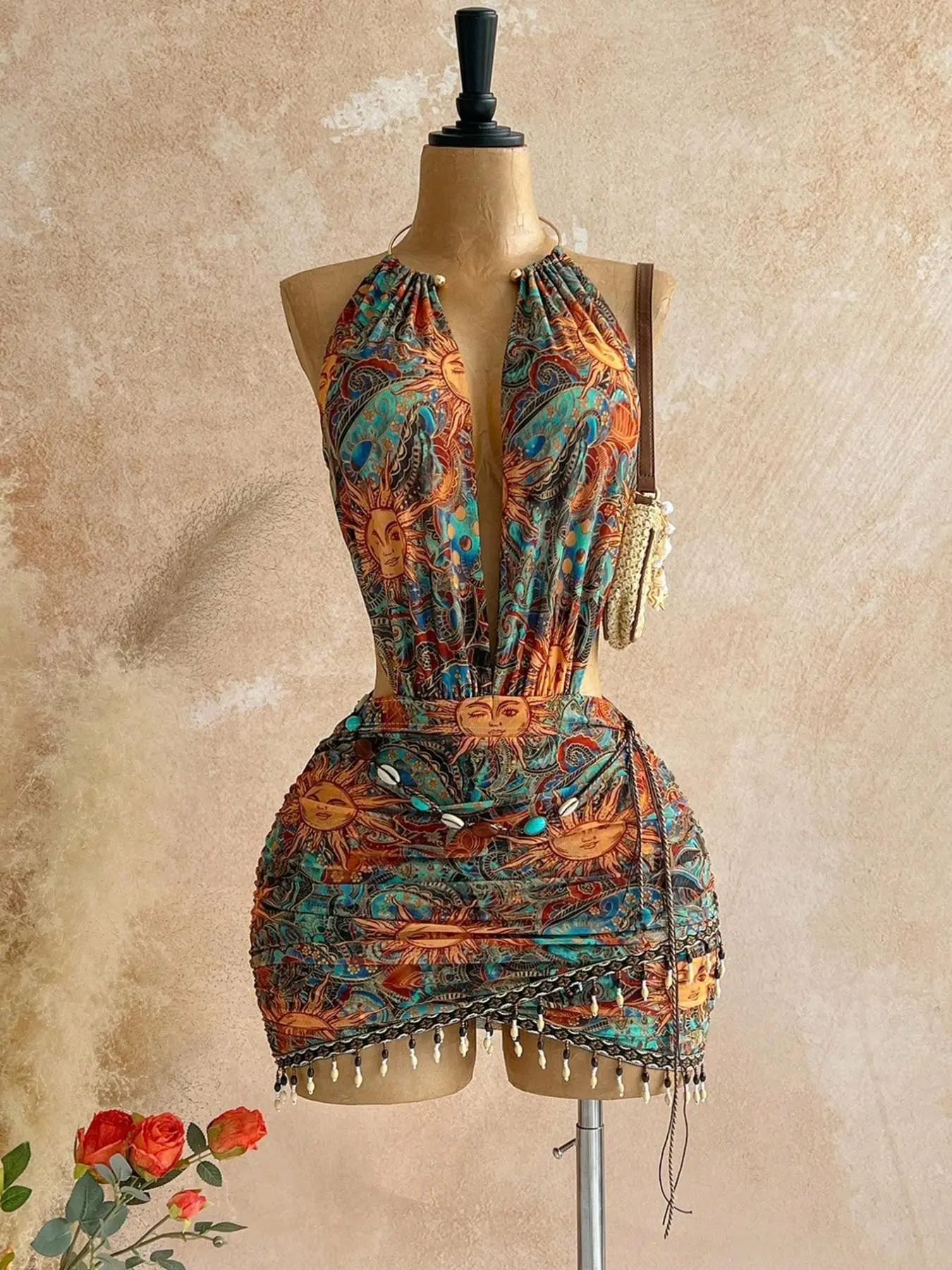 Summer Boho Sun Print Backless Halter Mini Dress, Casual Wear, Frill Shell  Tassel Tight Fit, Vintage Hippie Festival Style, Perfect for Beach and  Festivals - TikTok Shop