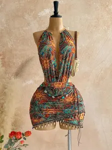Summer Boho Bohemian Sun Print Backless Halter Mini Dress, Womenswear, Casual Wear, Frill Shell Tassel Tight Fit, Vintage Hippie Festival Style, Perfect for Beach and Festivals