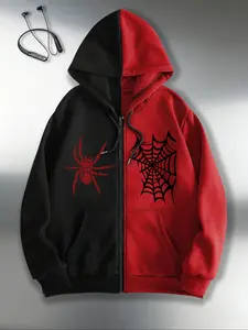 Men's Fashion Spider Print Two-Tone Hooded Zipper Sporty Sweatshirt, Casual Fitted Design, Fall & Winter Wear, Plain Pattern