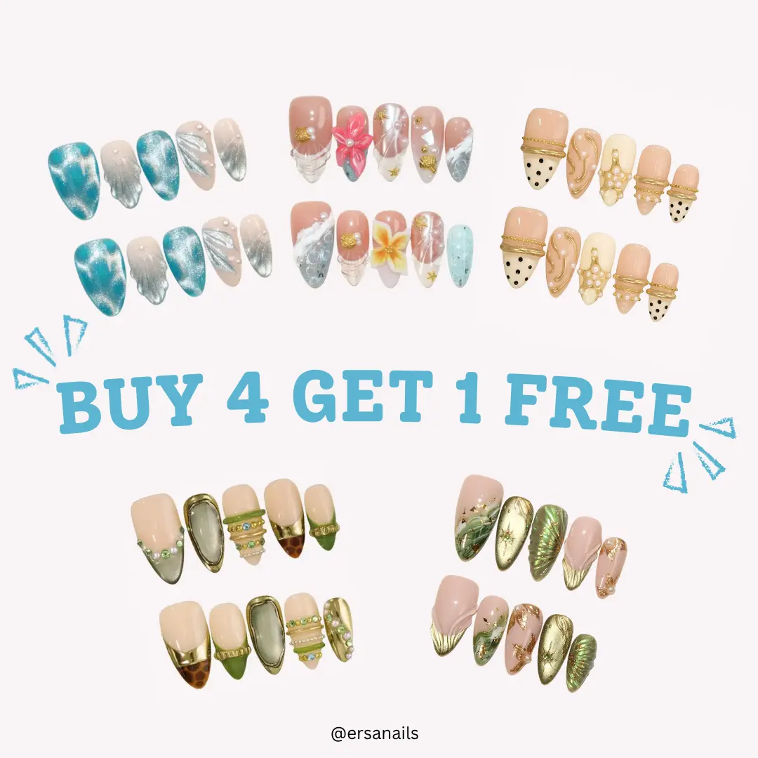 ErsaNails BUY 4 GET 1 FREE BUNDLE - Handmade PressOn Nails 10PCS | Acrylic, Reusable, Salon-Quality, Long-Lasting, Glossy Design