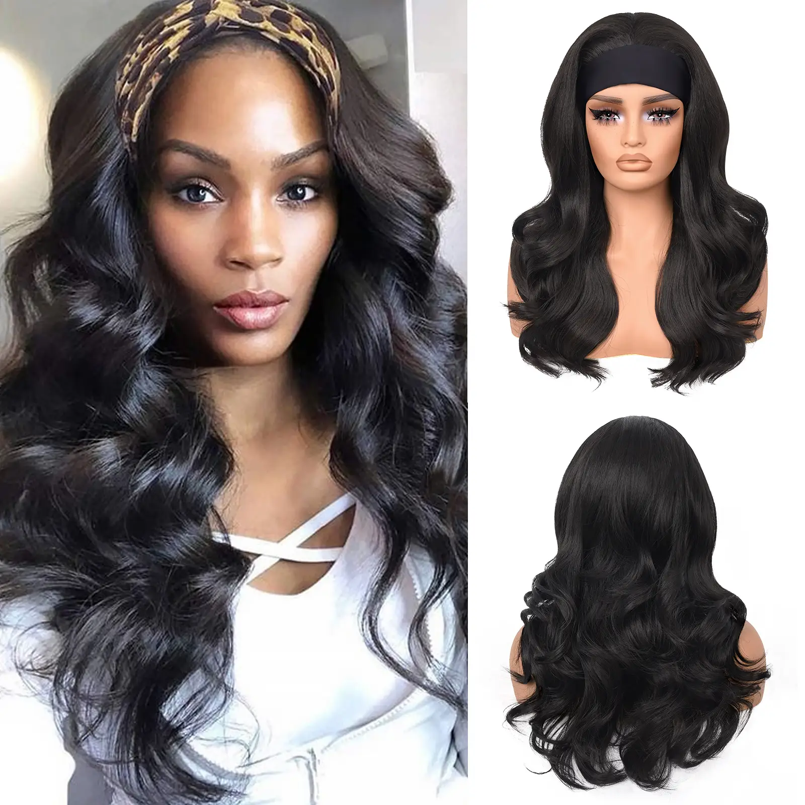 Wear and Go Body Wave Headband Wig Synthetic Wavy Wig for Black Women Glueless Wig with Headband Attached Heat Friendly 22 inch