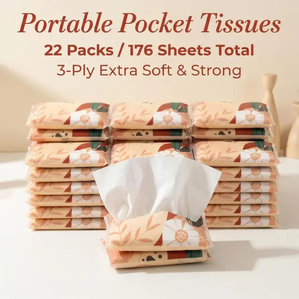 22 Pack Travel Size Pocket Tissues – 3 Ply Soft Facial Tissues (8 Count Each), Bulk Mini Tissue Packs for Car, Purse & Pocket, Wedding & Party Favors