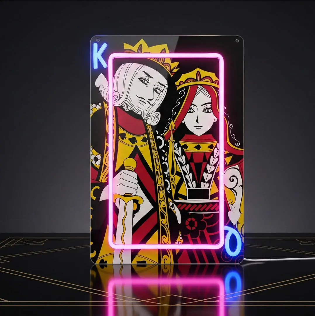 Poker King and Queen LED Neon Sign, Retro Casino Wall Art Light Up Wall Decor, Glow-in-The-Dark Atmosphere Neon Light for Game Room, Man Cave, Home Bar, Casino Party, Poker Night (15.75 x 7.87 Inches)