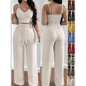 SHEIN RaffinéA Women'S Push-Up Bra Cup Strap Top with Bowknot, Elastic Straight Pants, Holiday 2Pcs Set Casual Fabric