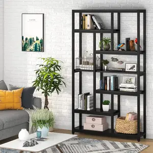LITTLE TREE 79 Inch Bookshelf, 7-Tier Tall Bookcase with 10-Open Shelf, Wood and Metal Book Shelf Storage Shelves for Bedroom, Living Room and Home Office