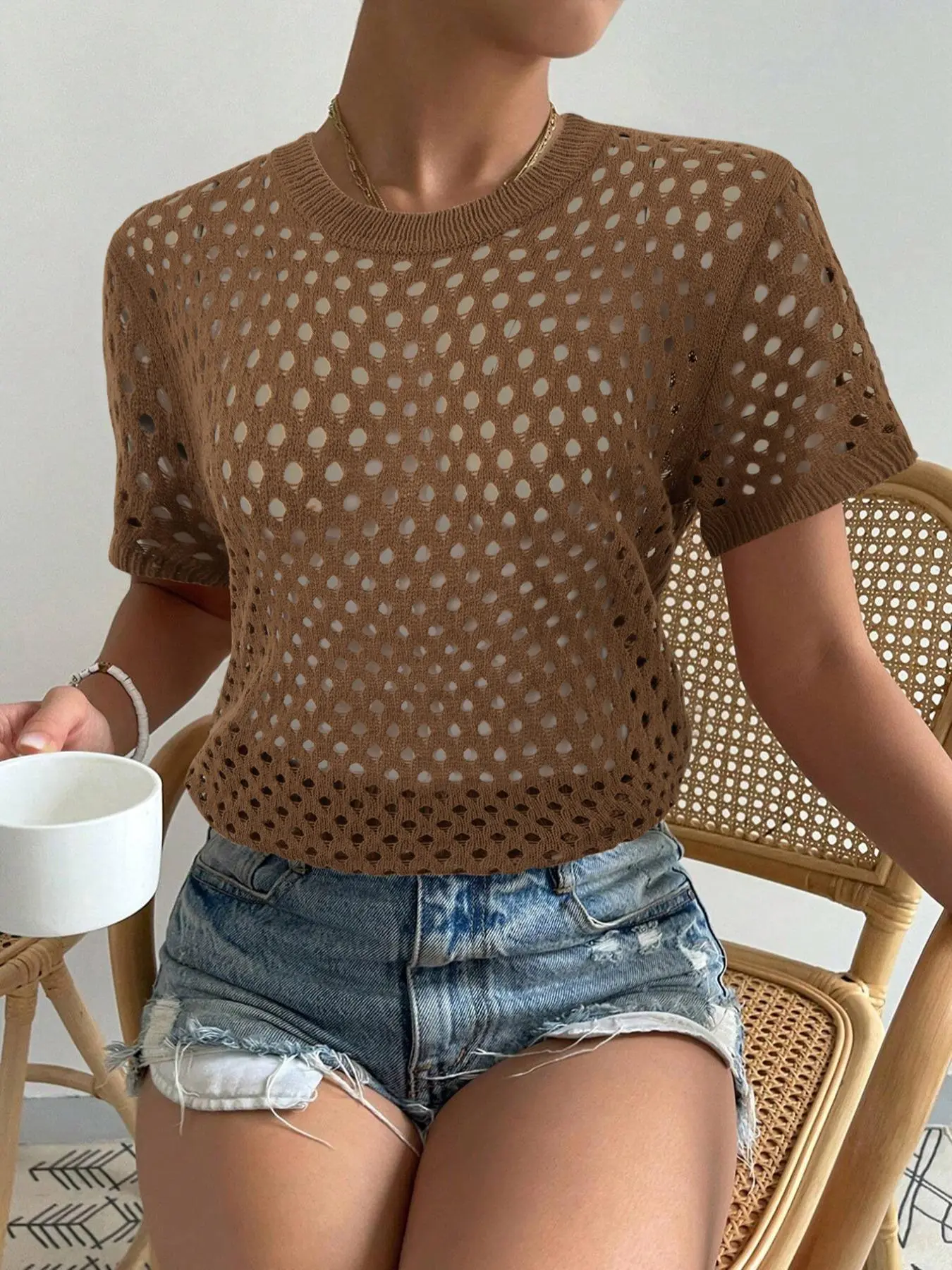 Women's Plain Hollow Out Knit Sweater, Casual Raglan Sleeve Round Neck Jumper for Summer, Fashion Women's Knitwear for Daily Wear, Basic Tops