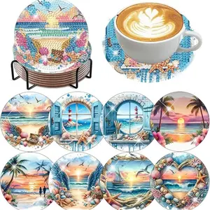 8-Piece Diamond Painting Coaster Set Landscape Pattern (with Stand), DIY Diamond Art Craft Kit for Beginners, Home Decor Gift, Diamond Painting Kits