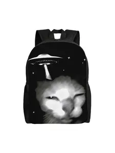 1 piece Back to school season Lightweight Alien Invasion Cat Meme Knapsack Hiking Zipper Closure Cat UFO Students College Bag Birthday Backpack For School