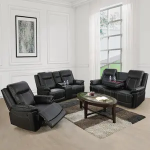 Manual Recliner Sofa Set Bonded Leather 3 Pieces with Storage Console & Cup Holders for Living Room House Bedroom Office Apartment