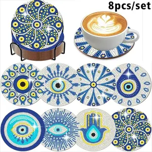 8-Piece Diamond Painted Coaster Set, Glittering Water Drill Heat-Resistant Drink Mats with Stand, DIY Craft Kit for Beginners
