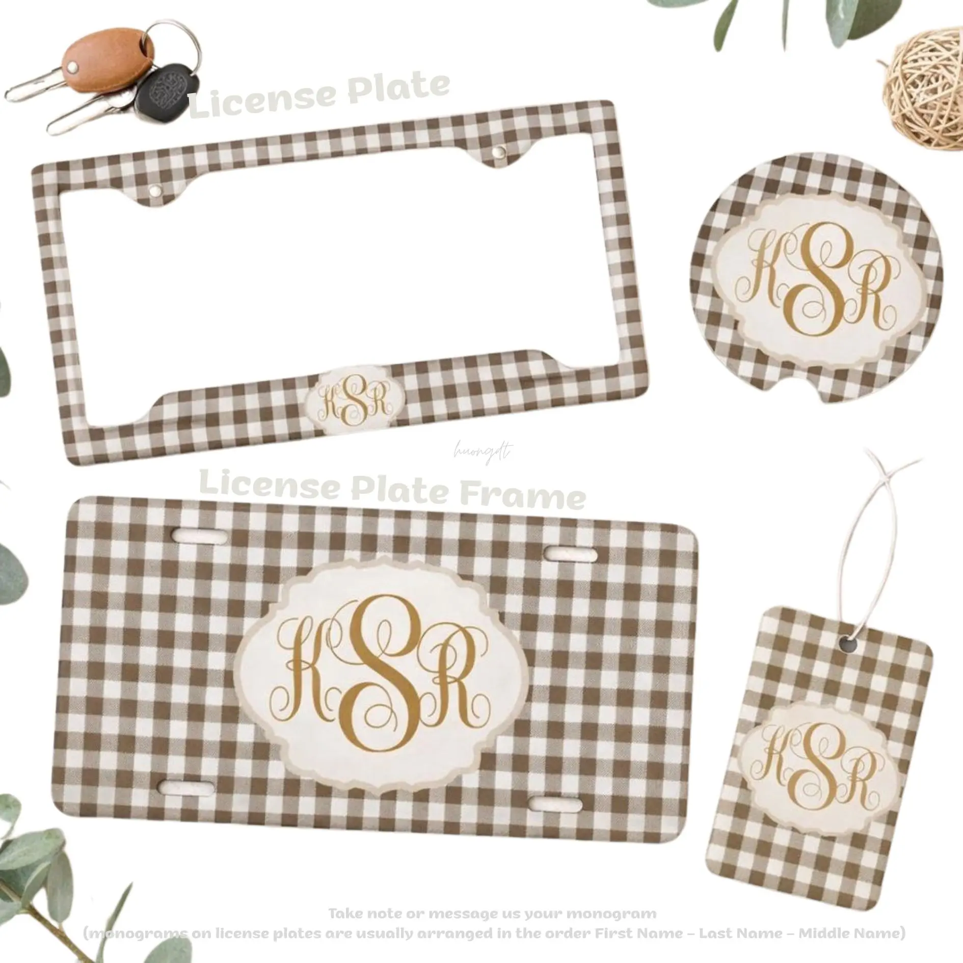 Personalized Brown Gingham License Plate Set, Custom Monogram License Plate & Frame, Cute Neutral Car Accessories, Preppy Car Decor, Gift for Her