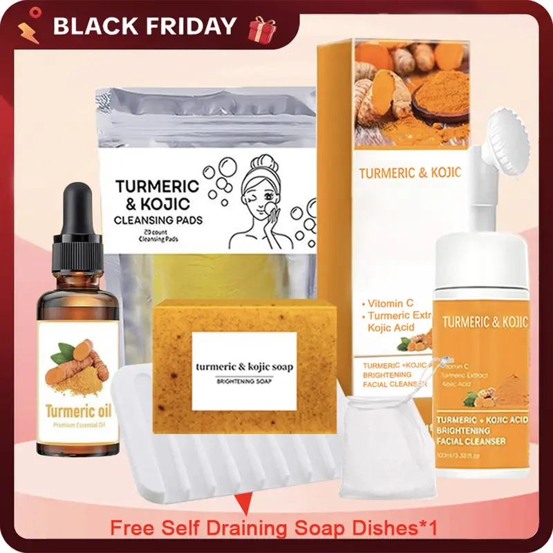 Shusddshu Turmeric Brightening Multi-Pack Body Care Set - 100g Bar Body Wash & Cleansers, 90g Soap Saver, 100ml Essential Oil, 30ml Product, Daily Skin Care, Wellness Gift Set for Adults