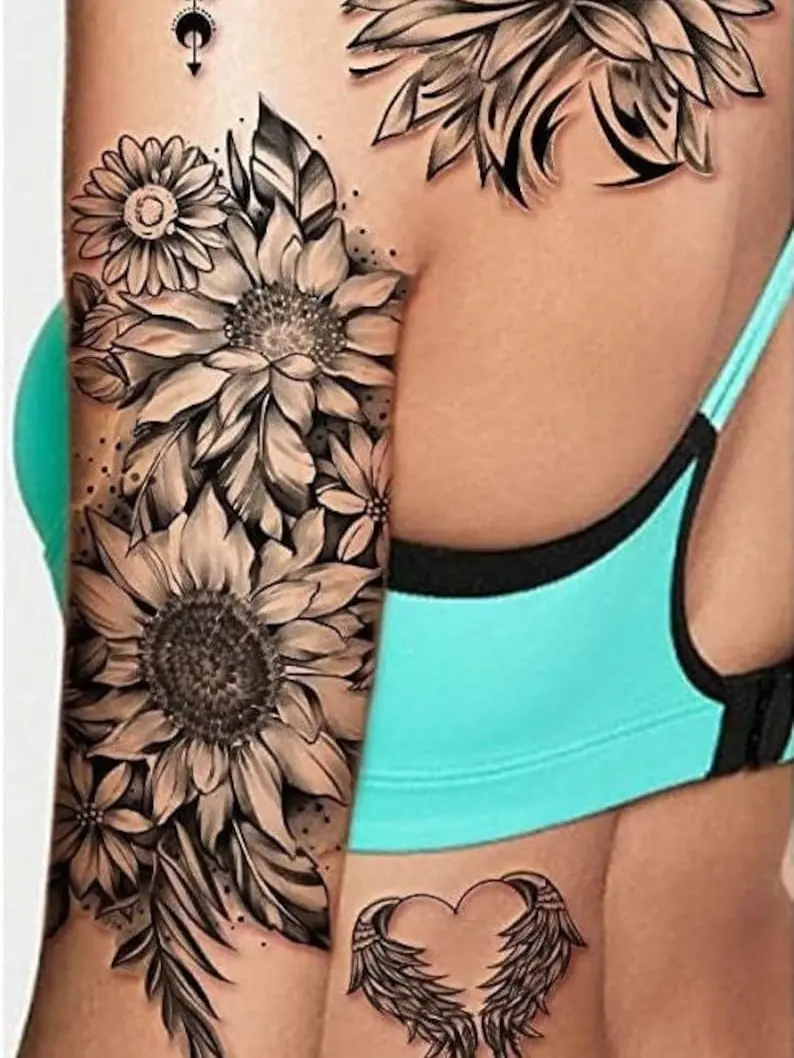 Temporary Sunfower Tattoo Beautiful Art Vintage Party Body Women Design Fake Flash Colorful Flowers Rose Arm Sleeve Boho Floral Watercolor Large