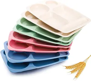 8 Pack Divided  Plates, 13.5" Wheat Straw Tray, 5-Compartment Unbreakable Fast  Tray, Microwave Dishwasher Safe, , Lightweight