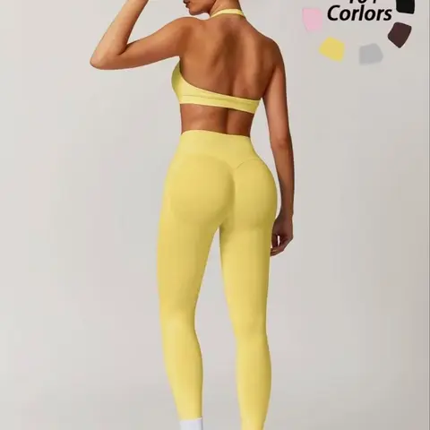 Women's Seamless Yoga Set, Sexy Backless Sports Bra & High-Waisted Tight-Fit Pants, Fashionable Activewear for Women, Backless Gym Clothes, Fitness Training Clothes, Gym Workout Clothes, Fitness Clothing, Gym Workout Sportswear
