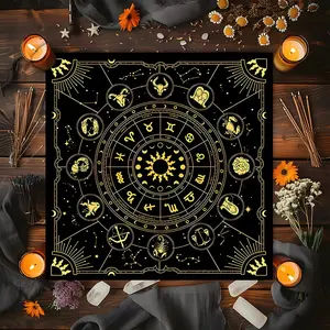 Mystical Gold Zodiac Wheel Design Square Tarot Tablecloth, Witch-style home decor Altar Cloth Multiple Sizes Polyester Fabric, Easy to Clean and Maintain Decorative Divination Cloth for Spreads & Rituals Gift for family and friends