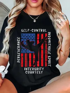 100% Cotton Unisex US Flag Taekwondo Five Tenets Vintage Martial Art Lover Gift T-Shirt Casual Top