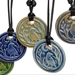 Raven Crow Crescent Moon Cottagecore Ceramic Wax Seal Pendant Hippie Whimsical Choker Adjustable Cord Necklace Clay Charms Celestial