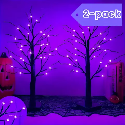 Halloween Decorations 2-Piece Spooky Abstract Art Deco Lighted Tree Set - Cordless, Battery-Powered Use, 24 LED Bulbs, 18 Ornaments, Orange LED Ball Lights, Mood Lighting, Indoor Room Decoration, Haunted House Accent