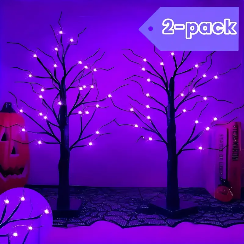 Halloween Decorations 2-Piece Spooky Abstract Art Deco Lighted Tree Set - Cordless, Battery-Powered Use, 24 LED Bulbs, 18 Ornaments, Orange LED Ball Lights, Mood Lighting, Indoor Room Decoration, Haunted House Accent