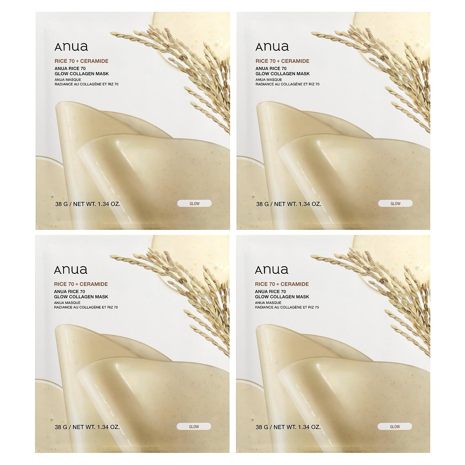 Anua Rice 70 Glow Collagen Beauty Mask, 4 Sheets, 1.34 oz (38 g) Each