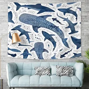 [Digitally Printed Tapestry] Ocean-inspired Digital Print Tapestry, Wall Hanging, Featuring Whales in Shades of Blue on White Background, Perfect for Beachy Home Decor, Ideal for Living Room or Bedroom, Adds Serenity and Style to Any Space.