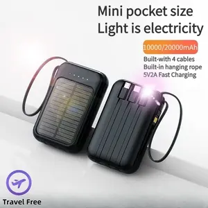 10000/20000mAh Mini Cute 5V2A Fast Charging Multifunctional Solar Panel Power Bank, Small Size Rechargeable Portable Mobile Phone Charger, Built-in 4 cables, Ultra-bright LED Lights, Micro Interface, Outdoor Travel Battery Packs, for iPhone/Android