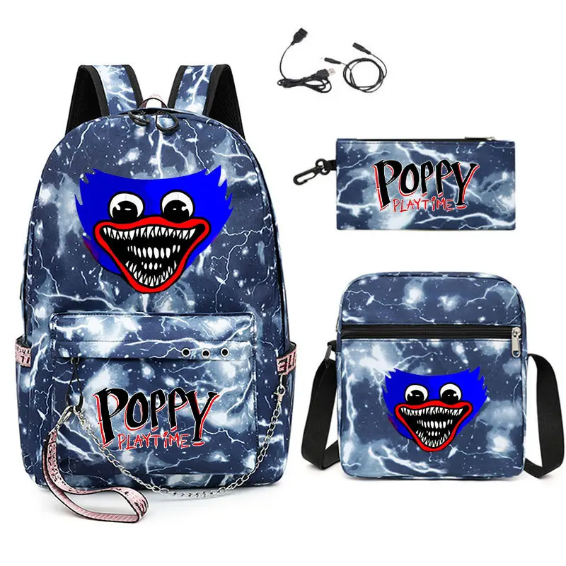 3Pcs Poppy Playtime Printed Backpack Set - Horror Smile Face, Galaxy Lightning Patterns, Crossbody Bag, Pencil Case with Charging Port for School Supplies