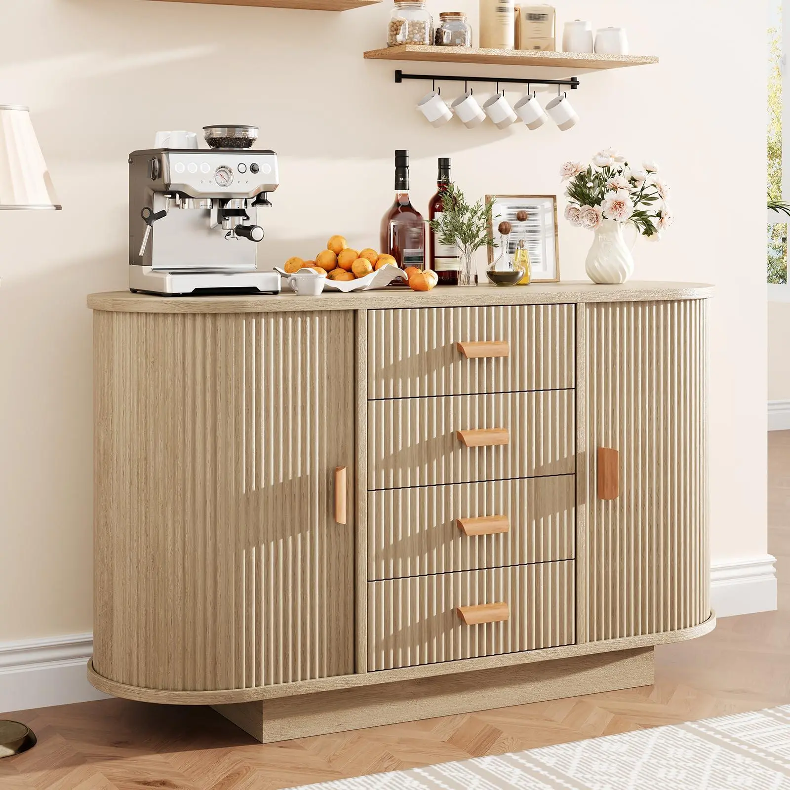 47in Sideboard Buffet Cabinet, Kitchen Fluted Coffee Bar Storage Console Cabinet with Arched Sliding Doors 4 Drawers for Living Dining Room Hallway Entryway, Oak