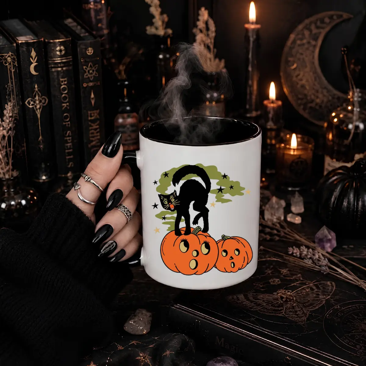 Vintage Black Cat Halloween Ceramic Coffee Mug, Retro Spooky Season Pumpkin Mug Gift for Cat Lovers