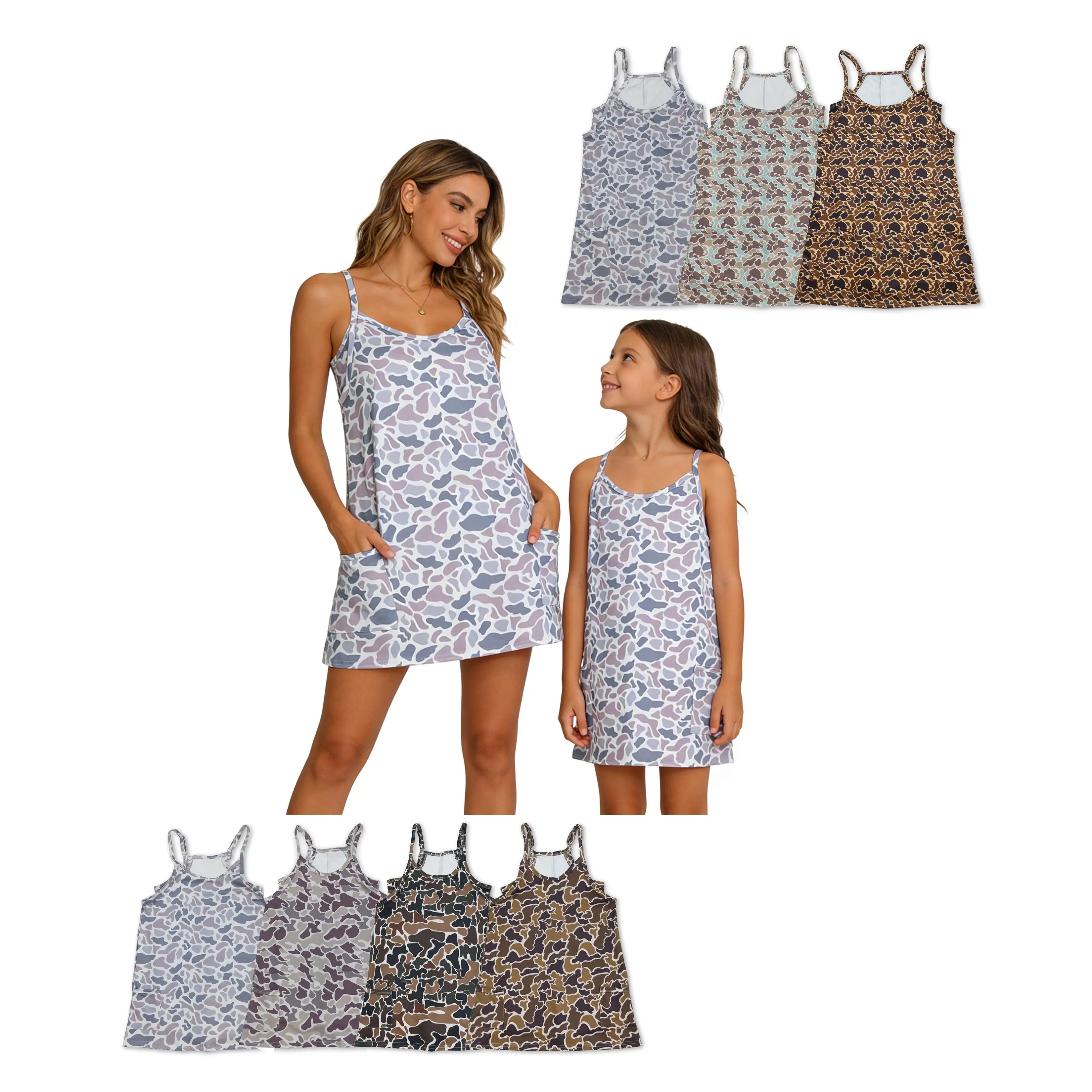 Women's Sleeveless Camo Print Stretch Tank Dress Matching Sets - Athletic Dress, Casual Sports Wear, Comfy Athleisure Yoga Outfit, Summer Essential, Mother’s Day Gifts for Mom & Girls, Sleeveless Tank Dress