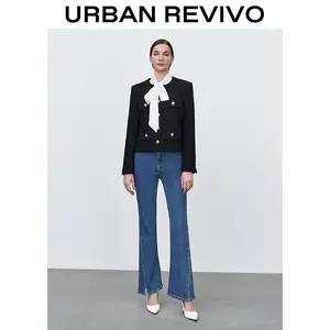 URBAN REVIVO Women's Classic Multi-Pocket Tweed Jacket - 2025 Long-Sleeve Polyester Outerwear, Minimalist Casual Coats, Elegant OOTD Pieces, Women's Clothes
