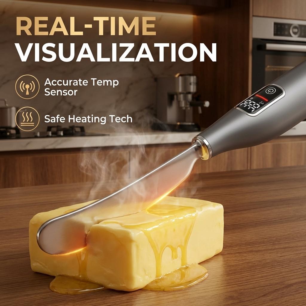 Heated Butter Knife with Digital Display - USB Rechargeable Electric Spreader, Real-Time Temperature Control, Safe Heating Kitchen Gadget for Toast, Cheese, Jam Accurate Temp Sensor Knife, Auto Warm Stainless Steel Cutter