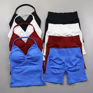 Seamless yoga set for women, 2-piece padded camisole vest, high chest gym shorts set, summer sportswear, stretchy fabric sportswear, tight fitting sports, casual exercise, joggingGift