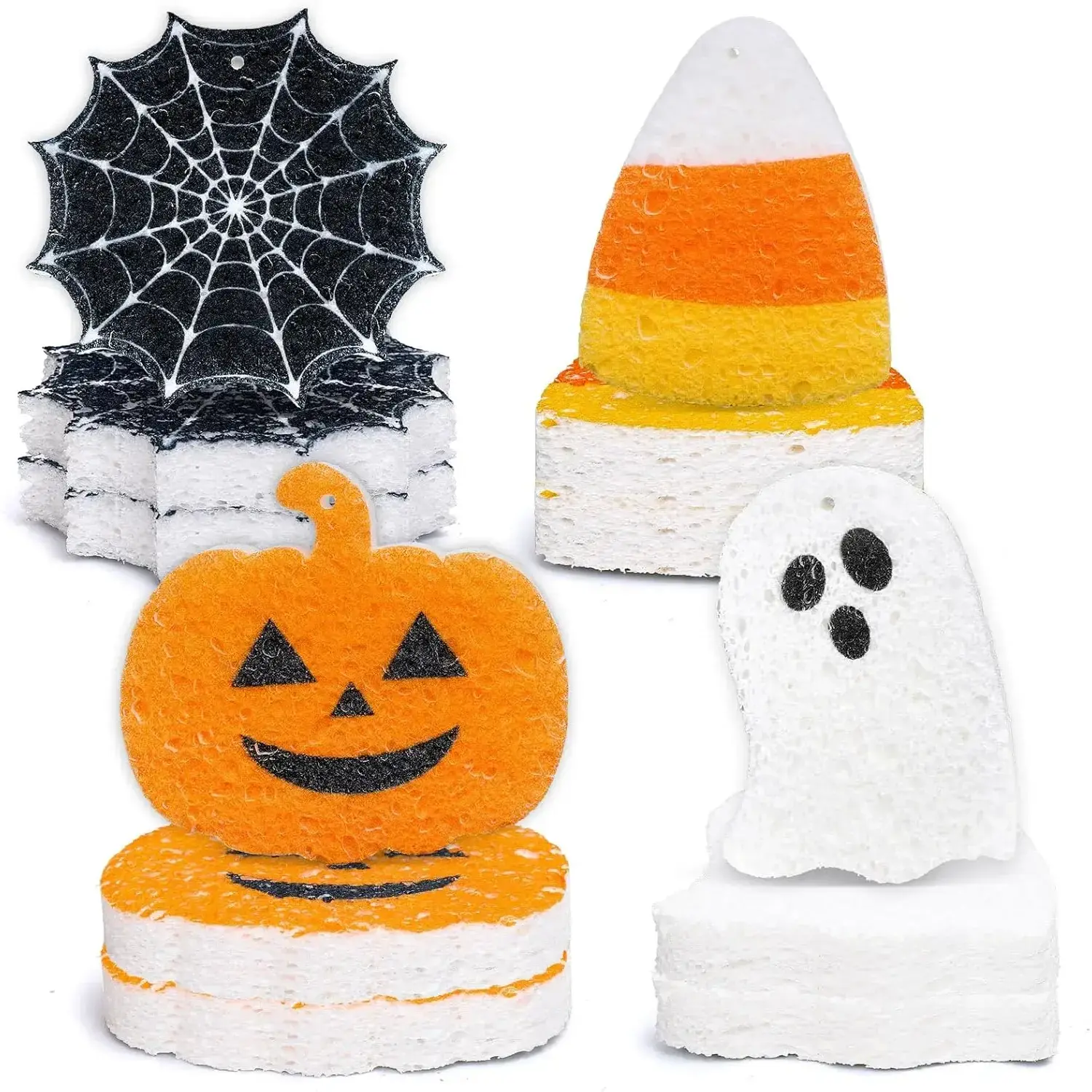 8Pcs Halloween Kitchen Sponges Cute Ghost Pumpkin Corn Spider Web Dish Washing Sponge Non Scratch Cleaning Scrub Sponges for Holiday Home Kitchen Bathroom