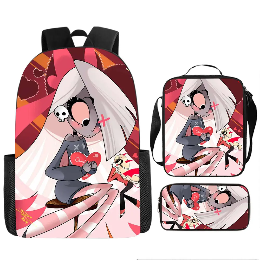 Cartoon group character print backpack 3-piece set: backpack, lunch storage bag, cute pencil case; Y2K retro nylon spine pressure-relief bookbag for teens; school supplies, travel, camping daypack