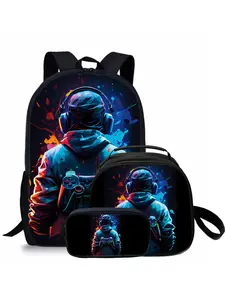 Astronaut pattern printed 17-inch backpack three-piece set (single-layer backpack + shoulder strap round lunch bag + single-layer pencil bag)