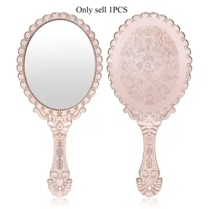 1pcs Vintage Princess Handheld Makeup Mirror, Brass Embossed Floral Design, Portable Desktop Mirror for Travel, Parties, Classrooms, Hand Mirrors