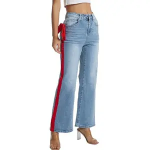 Kedera Womens High Waisted Bow Jeans with Side Stripe Wide Leg Flared Denim Trousers Y2K Trendy Casual Streetwear Bottom