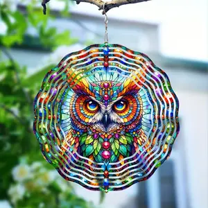 Cute owl metal wind spinner, outdoor decoration, bird repellent, 10 inches, durable metal material, holiday gift, spring and summer garden pest control wind chime ornament.